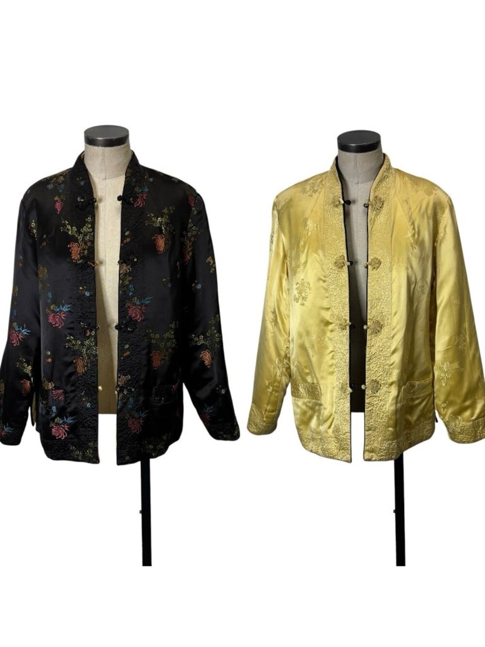 Vintage 70s Reversible Chinese Satin Jacket XXL Black Gold Embroidered Frog